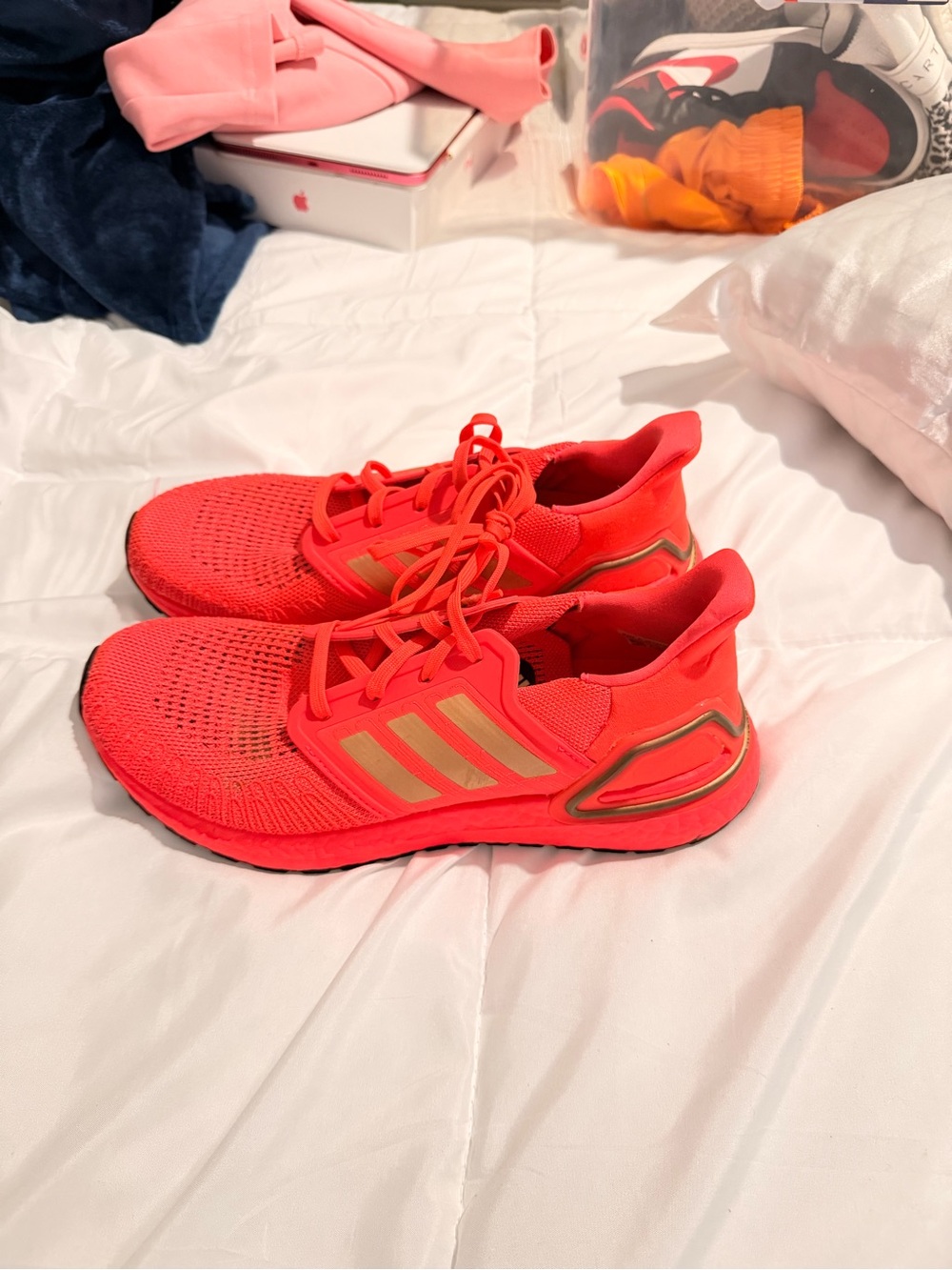 Adidas Neon Pink Sneakers with Gold Stripes